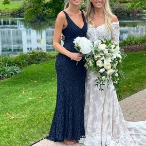 BCBGeneration Women Blue Black Lace Split Front Mermaid Fitted Maxi Gown Dress 0